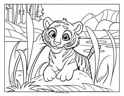 Coloriage de tigres pour enfants : Un tigre curieux regarde à travers l’herbe épaisse, assis sur un rocher avec des arbres au loin