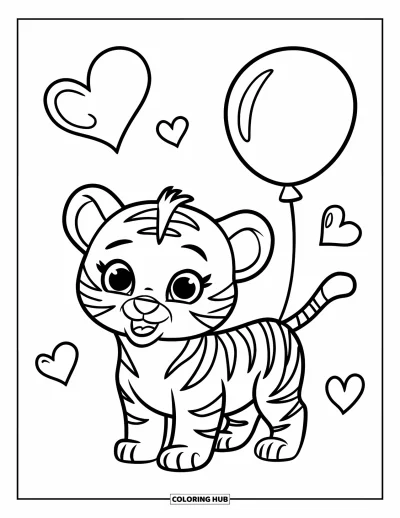 Coloriage de tigres pour enfants : Un adorable petit tigre tient un ballon avec sa queue, entouré de petits cœurs flottants