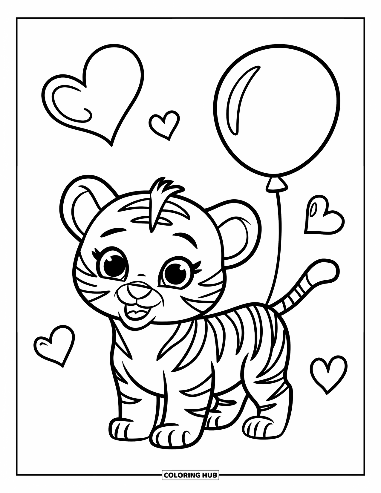 Tiger Ausmalbild für Kinder: Ein süßes Tigerjunges, das einen Ballon im Schwanz hält, umgeben von winzigen, schwebenden Herzen