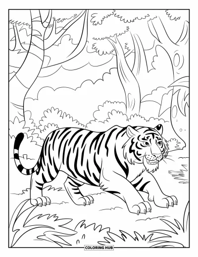 Coloriage de tigres pour enfants : Un tigre féroce rôde parmi des arbres denses, ses yeux perçants scrutant le terrain