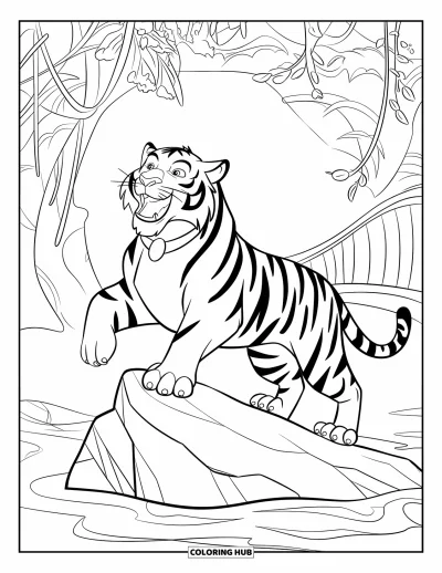Coloriage de tigres pour enfants : Un tigre féroce rugit sur un rocher, entouré de grands arbres de jungle et de lianes