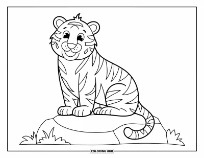 Coloriage de tigres pour enfants : Un tigre amical perché sur un rocher, aux traits doux parfaits pour les enfants d’âge préscolaire