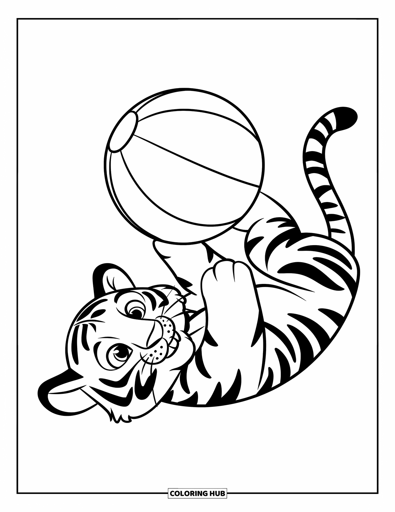 Tiger Ausmalbild für Kinder: Ein glückliches Tigerjunges, das einen Ball wirft, während es liegt, mit einem einfachen, lustigen Hintergrund