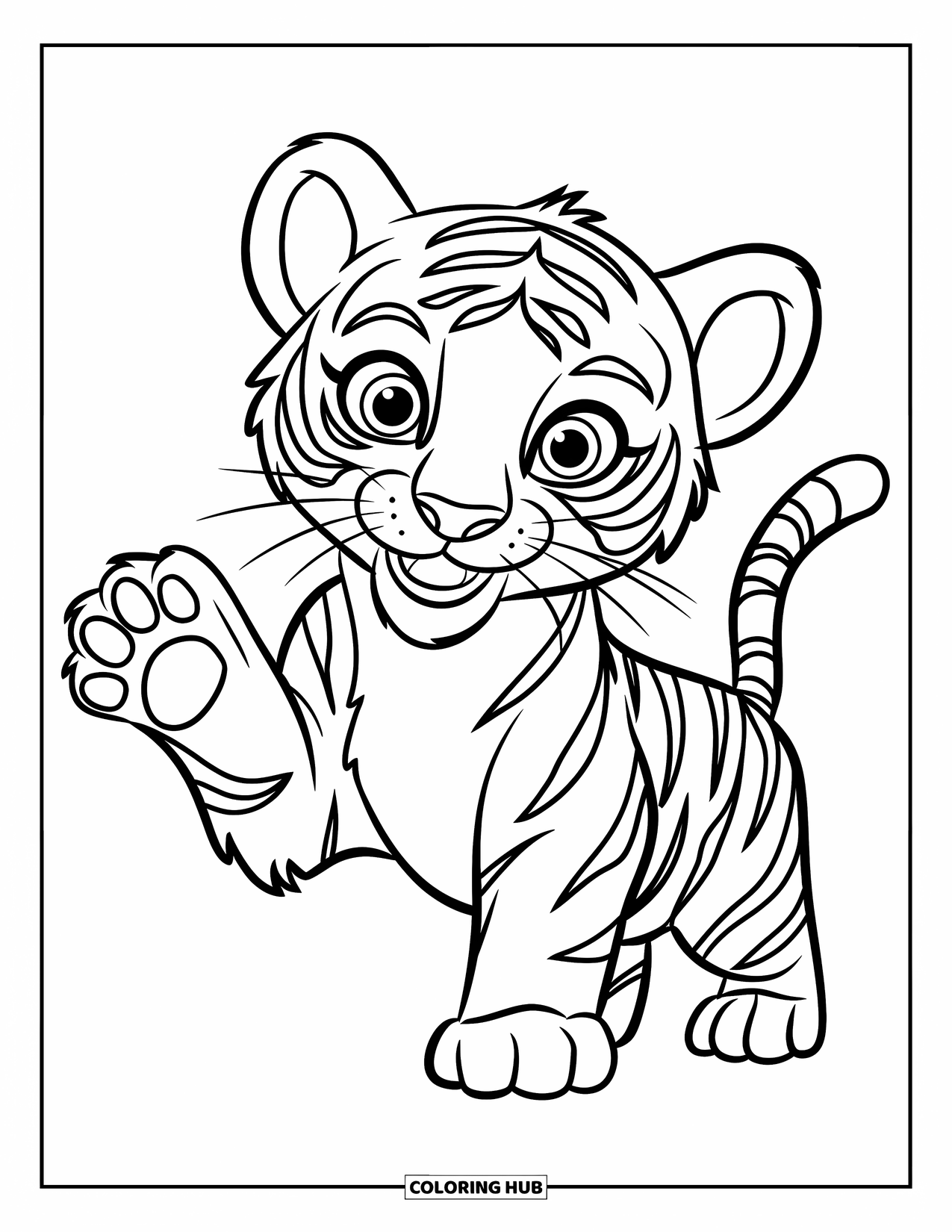 Tiger Ausmalbild für Kinder: Ein glückliches Tigerjunges mit runden Augen und dicken Umrissen, das freundlich winkt