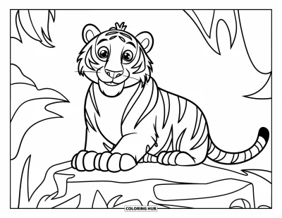 Coloriage de tigres pour enfants : Un tigre heureux se repose sur un rocher avec un fond simple et net, facile à colorier