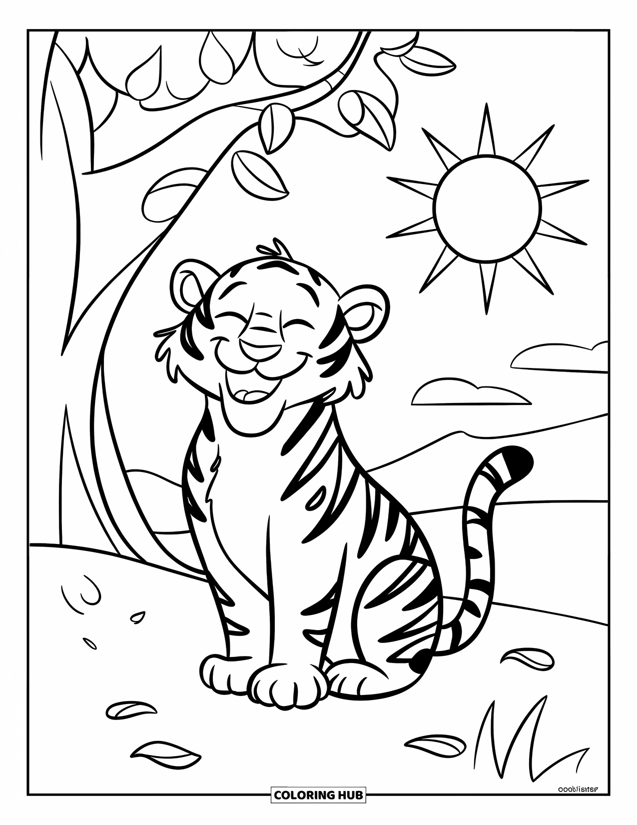 Tiger Ausmalbild für Kinder: Ein glücklicher Tiger, der unter einem Baum sitzt, sein Schwanz ist eingerollt, während er die friedliche Aussicht genießt