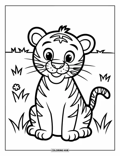Coloriage de tigres pour enfants : Un tigre heureux assis dans une prairie herbeuse, conçu avec de grandes formes simples