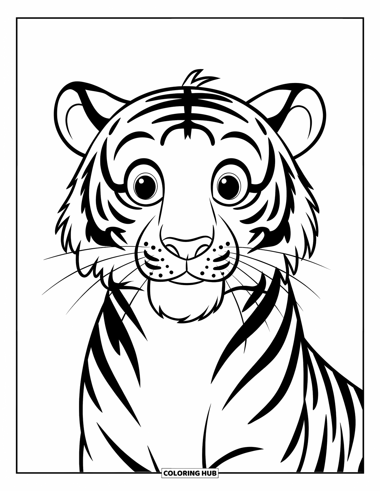 Tiger Ausmalbild für Kinder: Ein glücklicher Tiger mit runden Augen und einem großen Lächeln, entworfen mit glatten, kräftigen Umrissen