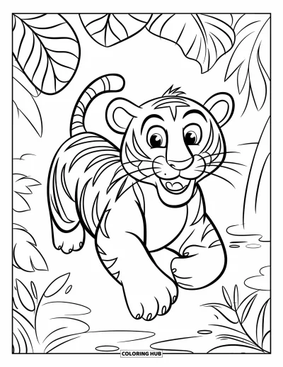 Coloriage de tigres pour enfants : Un tigre plein de joie bondit dans la jungle, entouré de grandes feuilles et de lianes