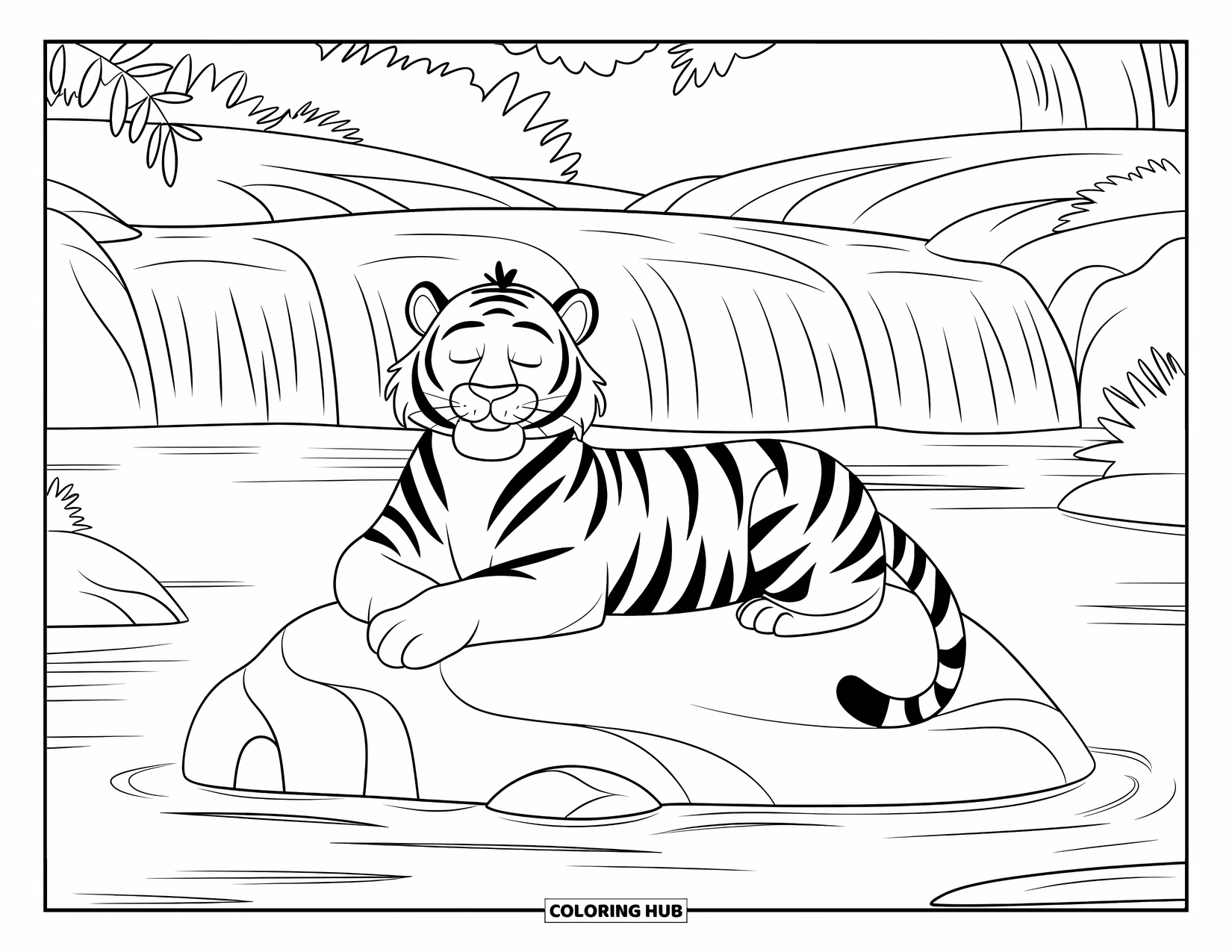 Tiger Ausmalbild für Kinder: Ein friedlicher Tiger, der auf einem Felsen ruht, mit einem sanften Nebel vom Wasserfall, der um ihn herum aufsteigt