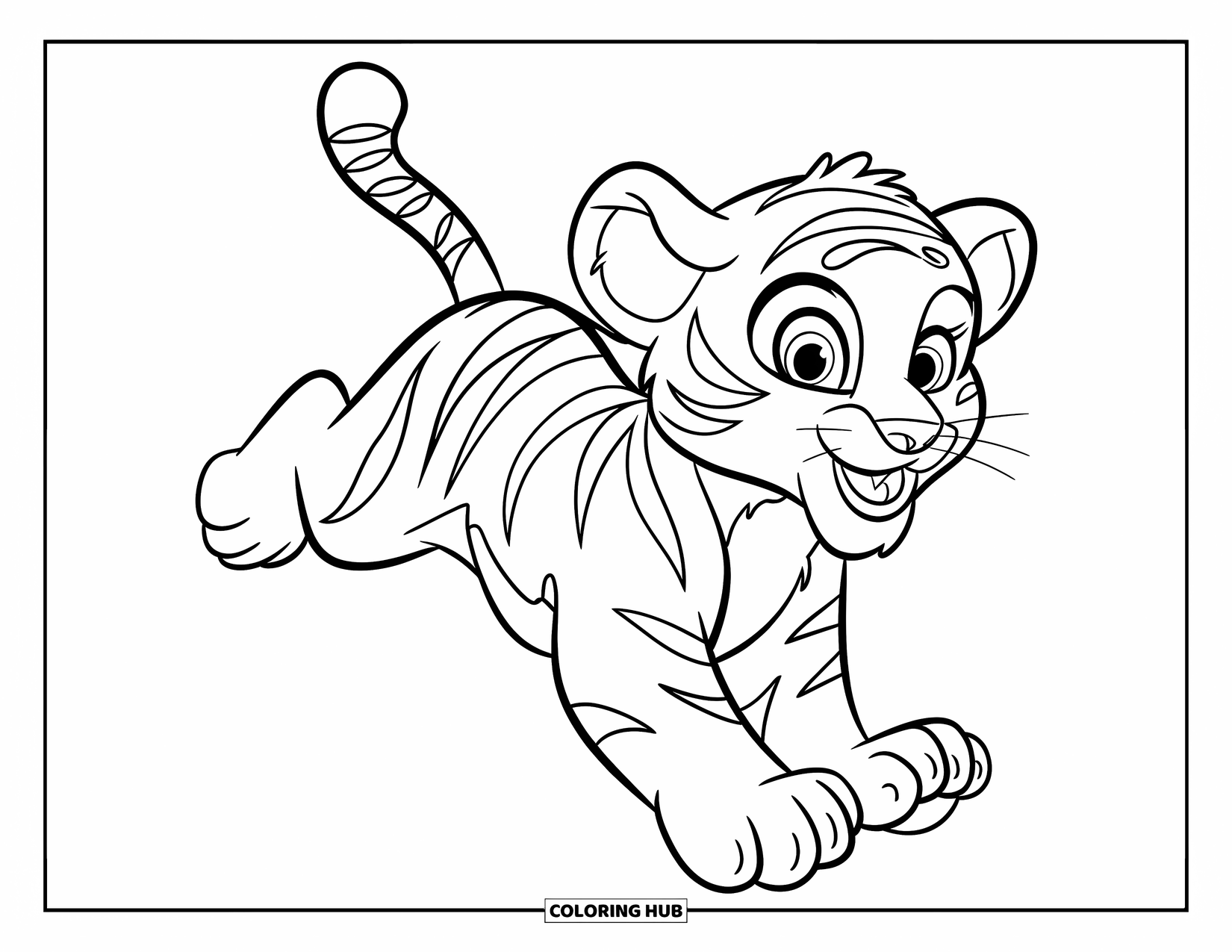 Tiger Ausmalbild für Kinder: Ein verspieltes Tigerjunges, das freudig mit großen Augen und offenem Maul einen Schmetterling jagt