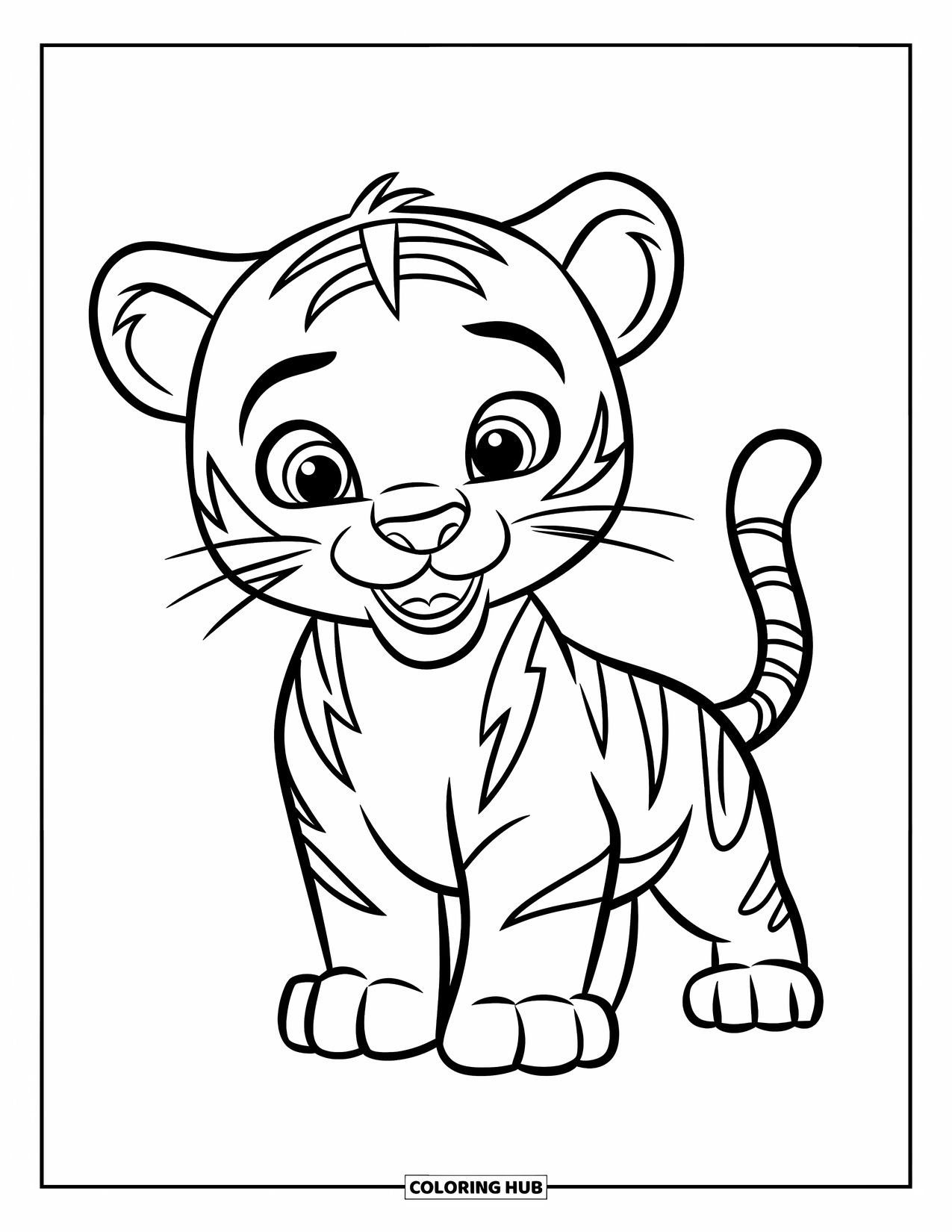 Tiger Ausmalbild für Kinder: Ein verspieltes Tigerjunges, das mit einer Pfote winkt und selbstbewusst in einer freundlichen, einladenden Pose steht