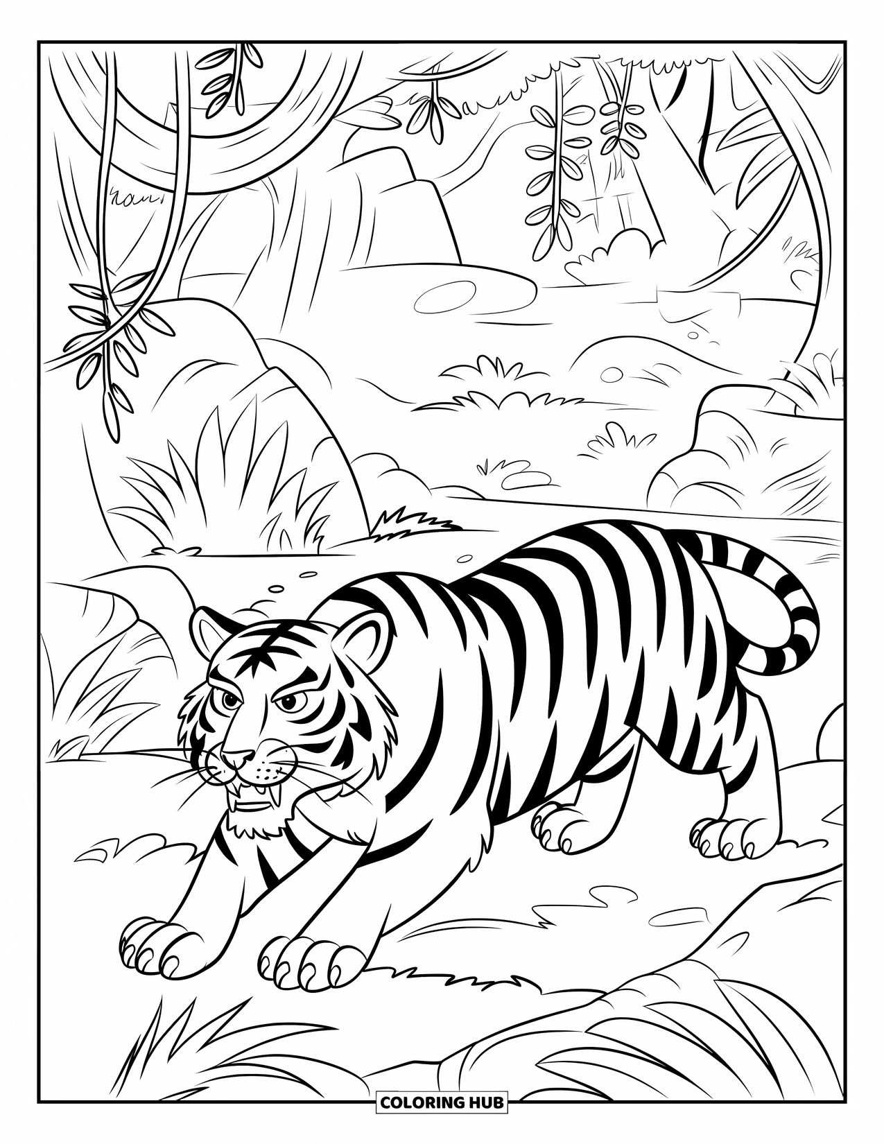 Tiger Ausmalbild für Kinder: Ein kraftvoller Tiger, der durch den Dschungel pirscht, wobei Lianen und Schatten seine Gestalt umgeben