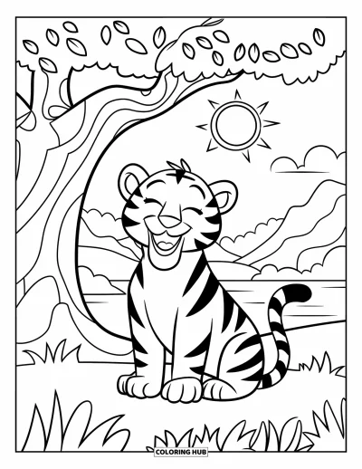 Coloriage de tigres pour enfants : Un tigre détendu se repose sous un arbre, les yeux fermés et le visage rayonnant de bonheur