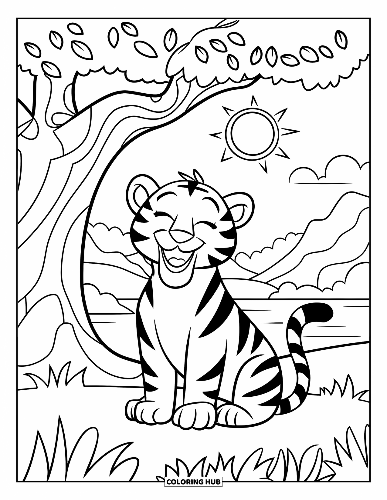 Tiger Ausmalbild für Kinder: Ein entspannter Tiger, der unter einem Baum liegt, die Augen geschlossen und das Gesicht voller Freude
