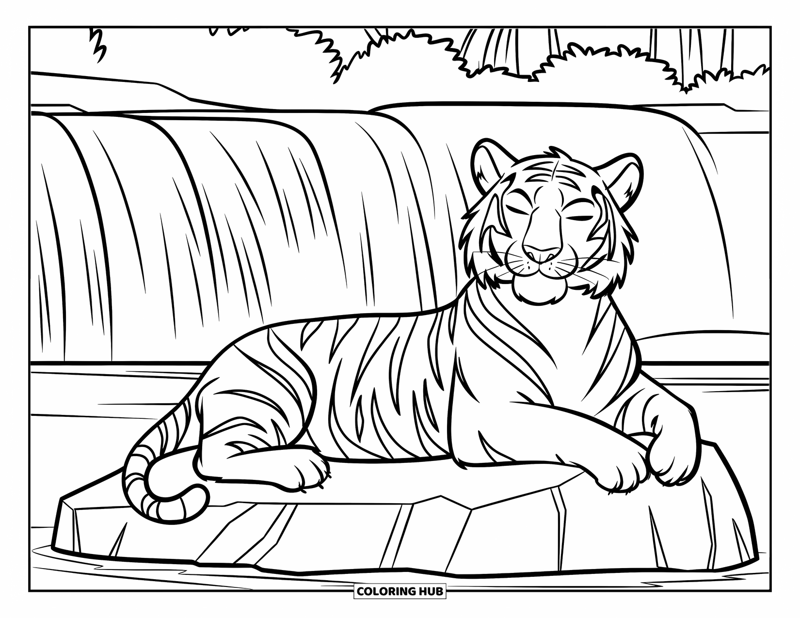Tiger Ausmalbild für Kinder: Ein entspannter Tiger, der auf einem Felsen in der Nähe eines Wasserfalls liegt und die sanfte Gischt in der Luft genießt