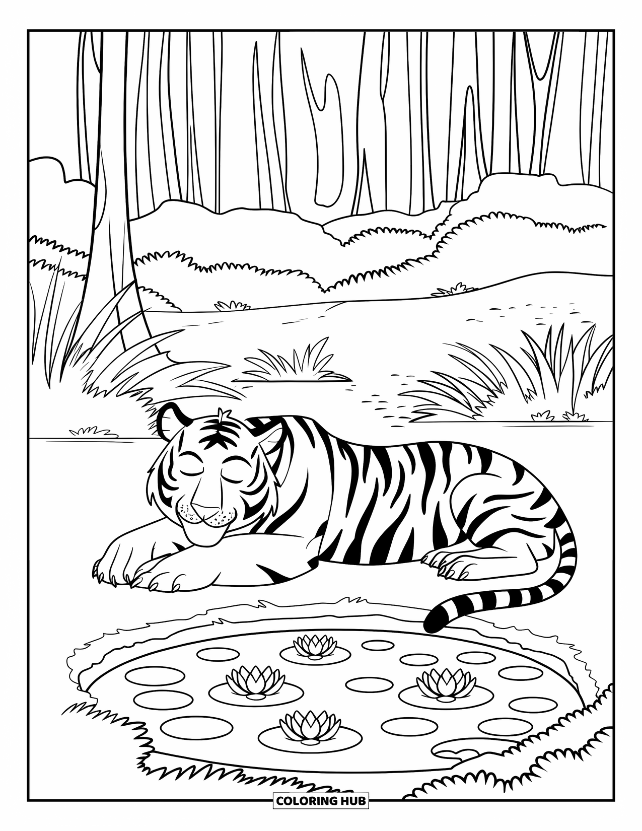 Tiger Ausmalbild für Kinder: Ein entspannter Tiger, der in der Nähe eines Teiches ruht, umgeben von Seerosen und üppigem Grün