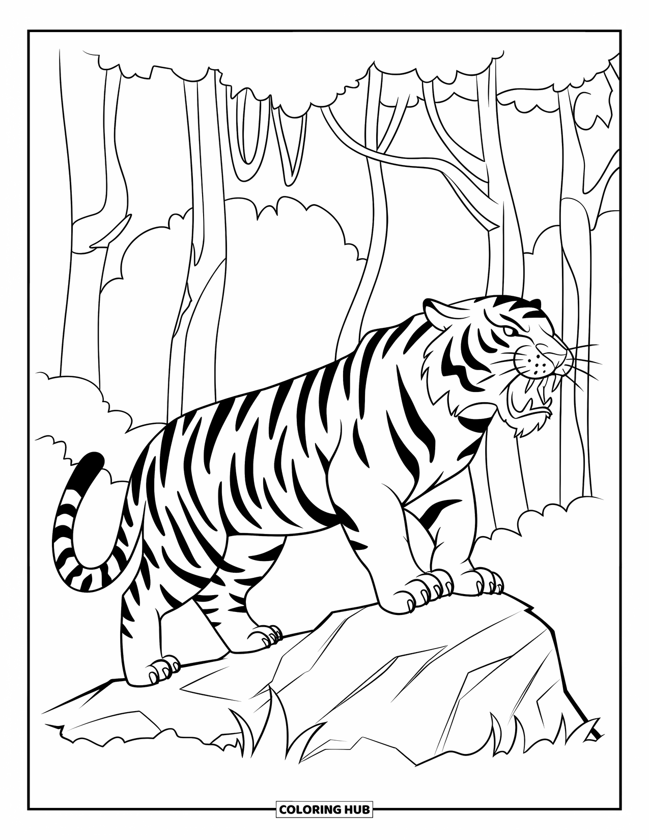 Tiger Ausmalbild für Kinder: Ein brüllender Tiger, der hoch auf einem Felsen steht, mit dichter Dschungellandschaft dahinter