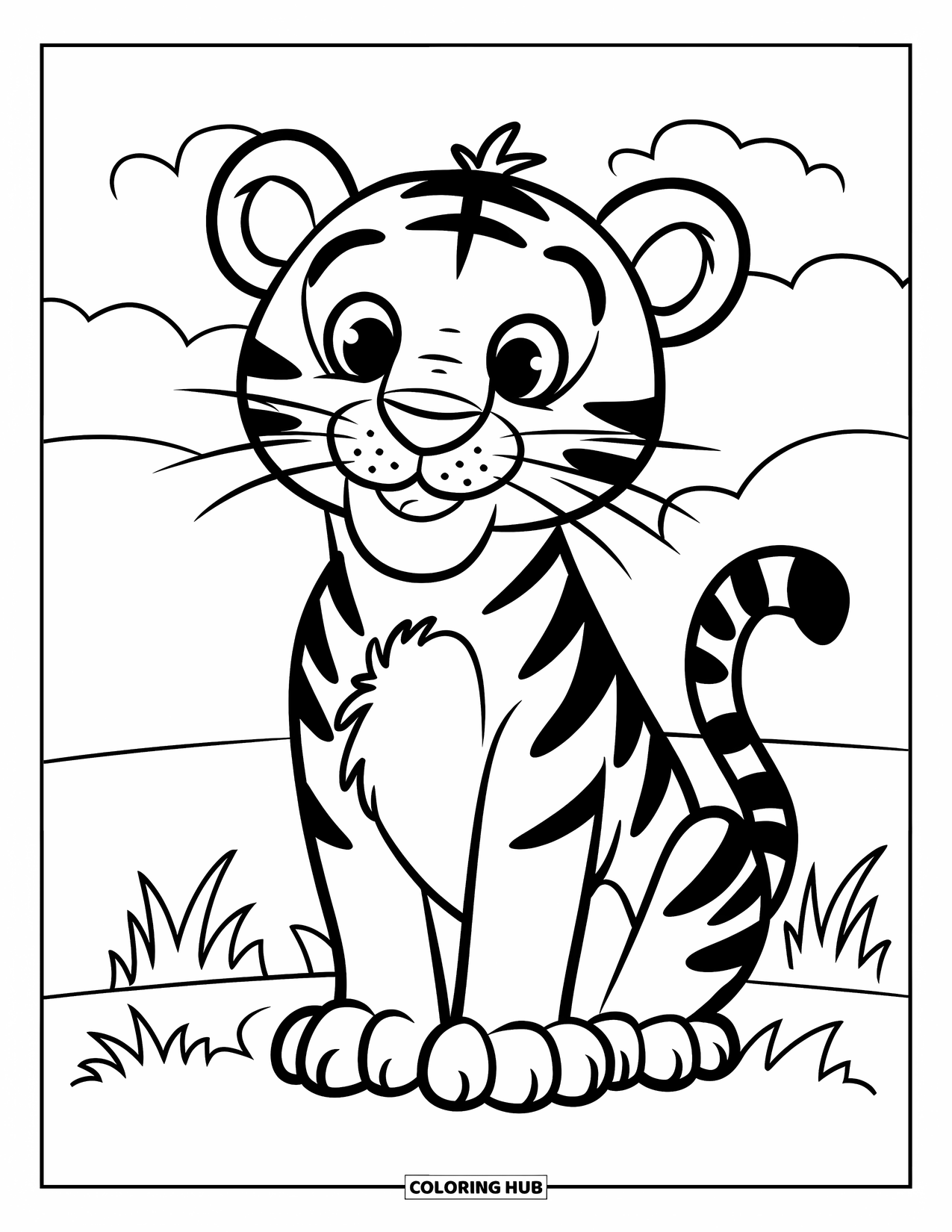 Tiger Ausmalbild für Kinder: Ein lächelnder Tiger, der in einem grasbewachsenen Feld sitzt, umgeben von ein paar verstreuten Wolken darüber