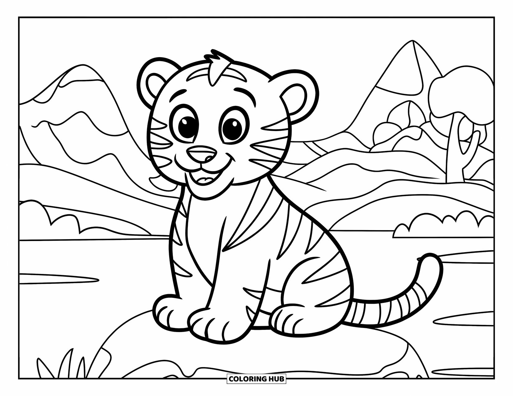 Tiger Ausmalbild für Kinder: Ein lächelnder Tiger, der auf einem Felsen sitzt, umgeben von Bergen, Bäumen und einem ruhigen See