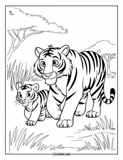 Coloriage de tigres pour enfants : Un tigre et son petit marchent ensemble à travers la savane, entourés de hautes herbes