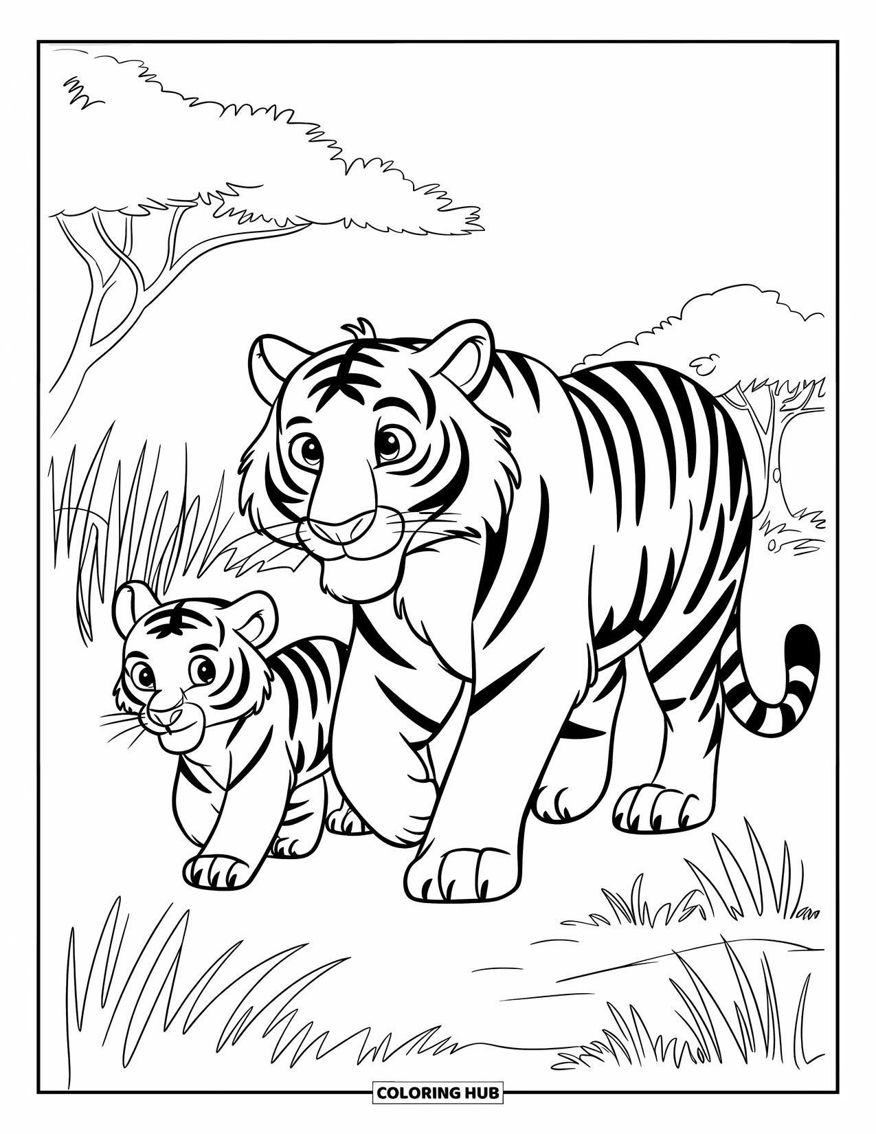 Tiger Ausmalbild für Kinder: Ein Tiger und sein Junges, die zusammen eine Savanne überqueren, umgeben von hohem Gras