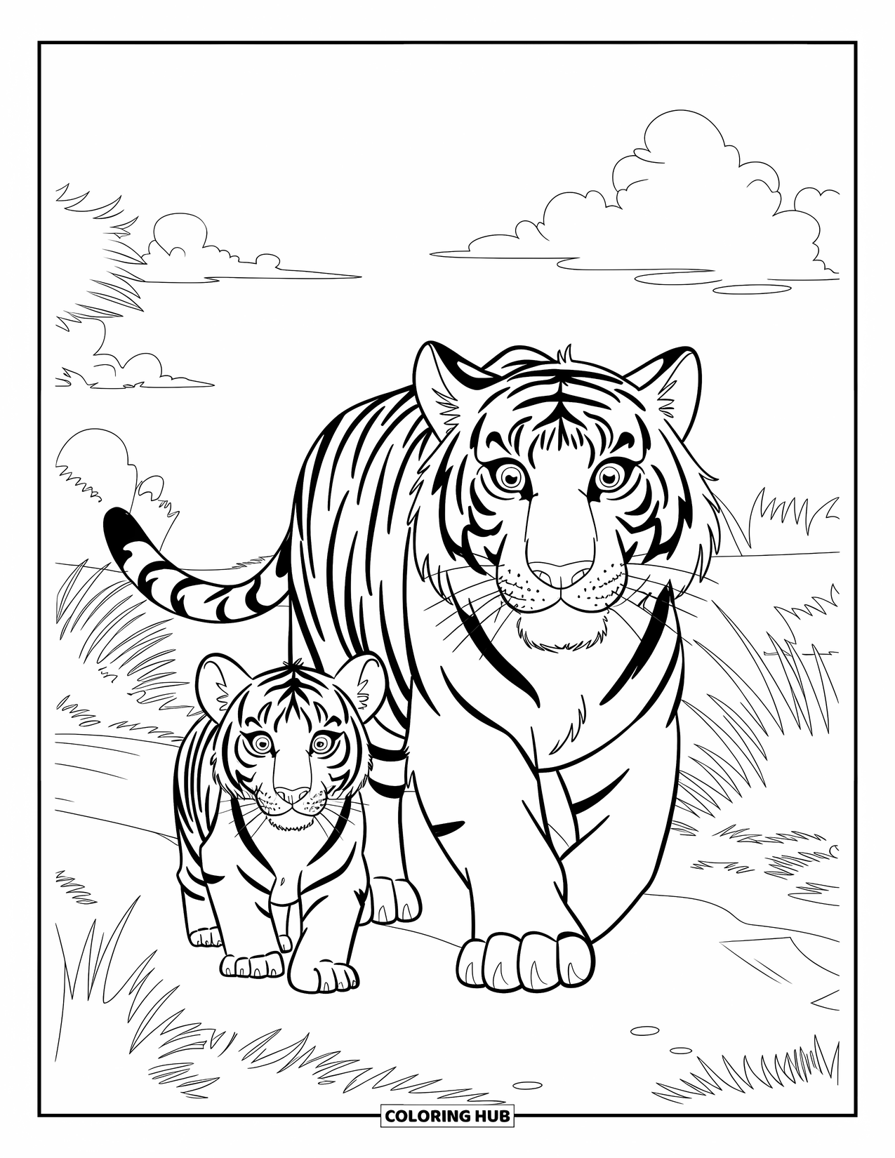 Tiger Ausmalbild für Kinder: Ein Tiger und sein Junges, die durch eine grasbewachsene Savanne wandern, ihre Augen hell und neugierig