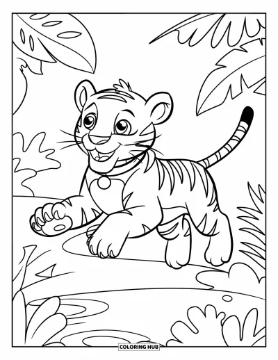 Coloriage de tigres pour enfants : Un tigre bondit dans une jungle animée, les yeux grands ouverts d’excitation