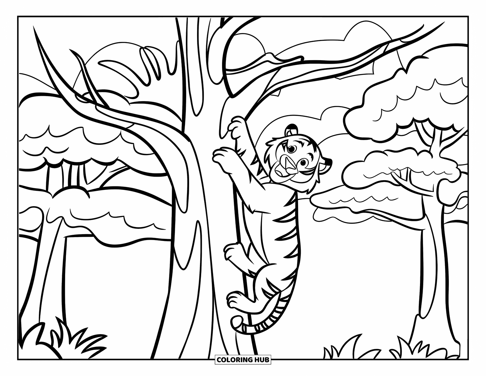 Tiger Ausmalbild für Kinder: Ein Tigerjunges, das sich an einem Ast festhält, mit einem einfachen und fröhlichen Hintergrund