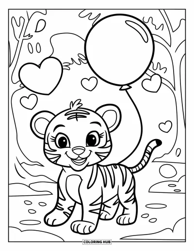 Coloriage de tigres pour enfants : Un petit tigre joue joyeusement avec un ballon, entouré de grands arbres dans un décor paisible