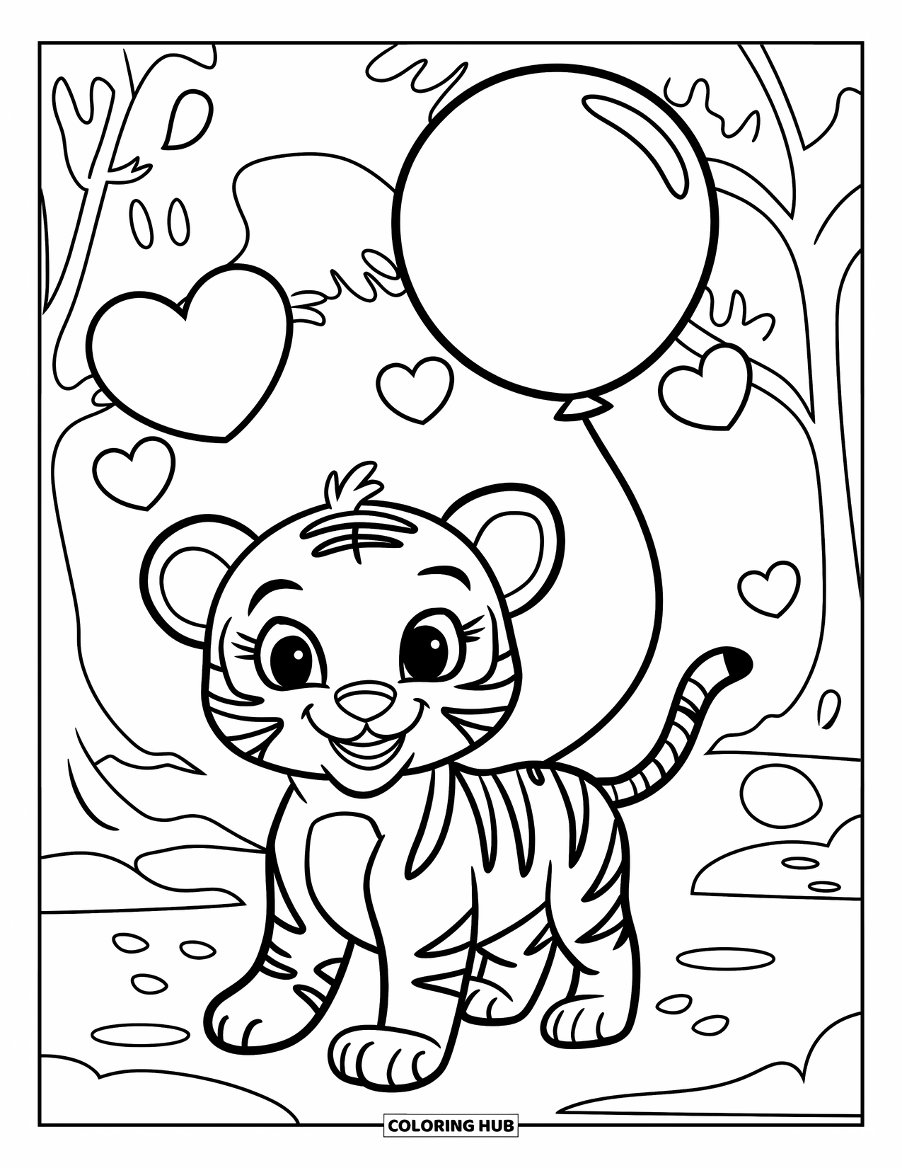 Tiger Ausmalbild für Kinder: Ein Tigerjunges, das glücklich mit einem Ballon spielt, umgeben von hohen Bäumen und einer friedlichen Umgebung