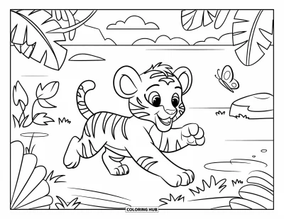 Coloriage de tigres pour enfants : Un petit tigre bondit en jouant après un papillon dans une jungle remplie de lianes et de feuilles