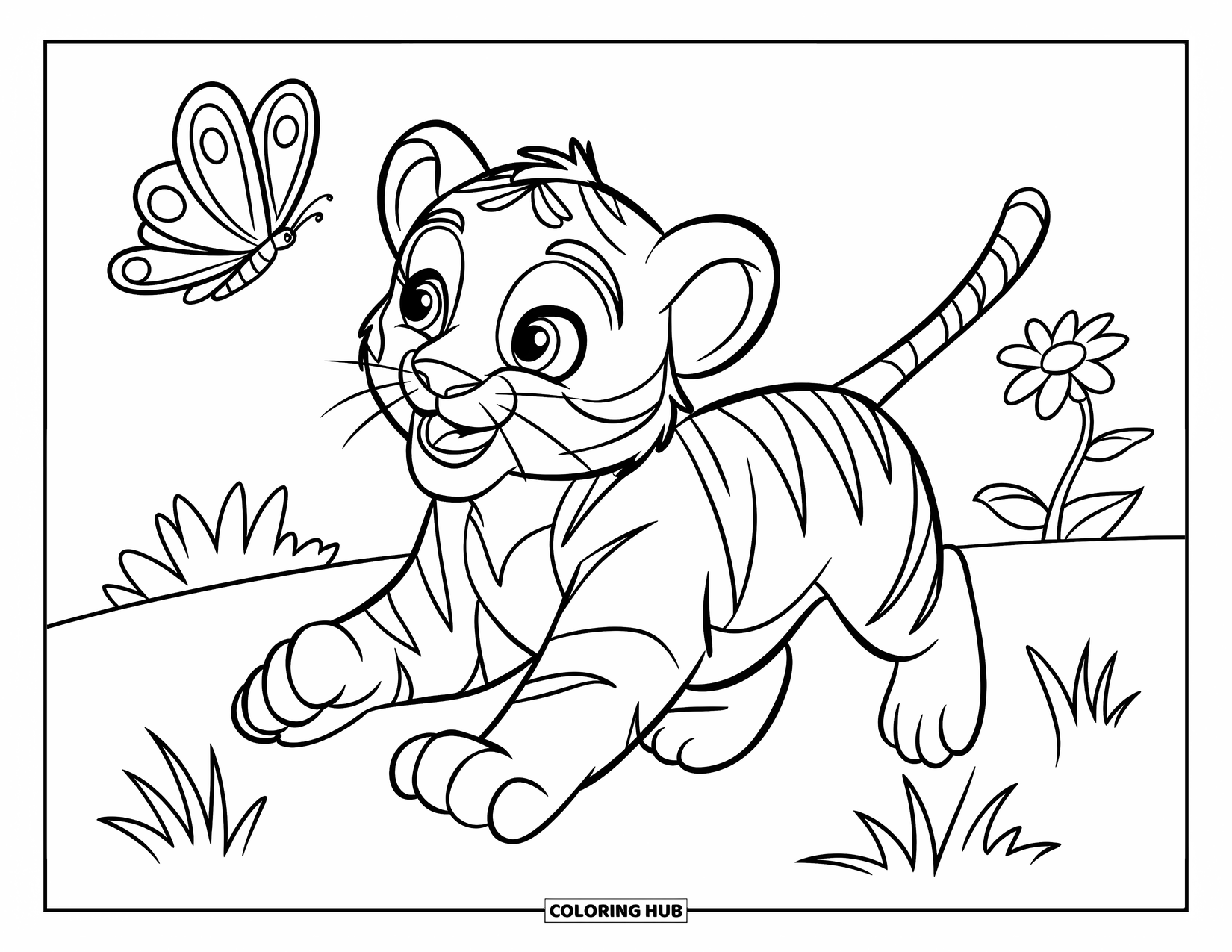 Tiger Ausmalbild für Kinder: Ein Tigerjunges, das durch ein grasbewachsenes Feld rennt und aufgeregt nach einem Schmetterling über sich greift