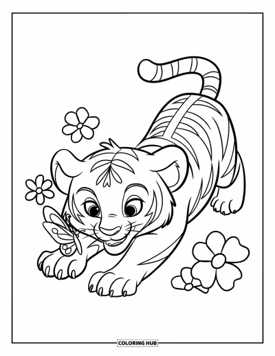 Coloriage de tigres pour enfants : Un petit tigre bondit dans les airs, toute son énergie joueuse tournée vers un papillon virevoltant