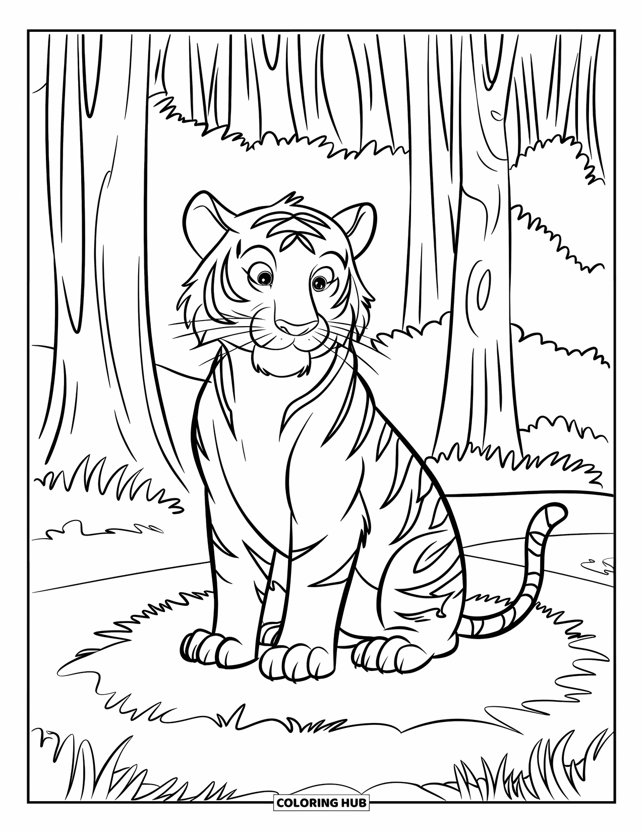 Tiger Ausmalbild für Kinder: Ein Tiger, der friedlich in die Ferne blickt, umgeben von Bäumen und ruhigem Grün