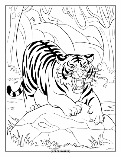 Coloriage de tigres pour enfants : Un tigre rugissant au sommet d’un rocher, dans une posture puissante encadrée de feuillage de jungle luxuriant