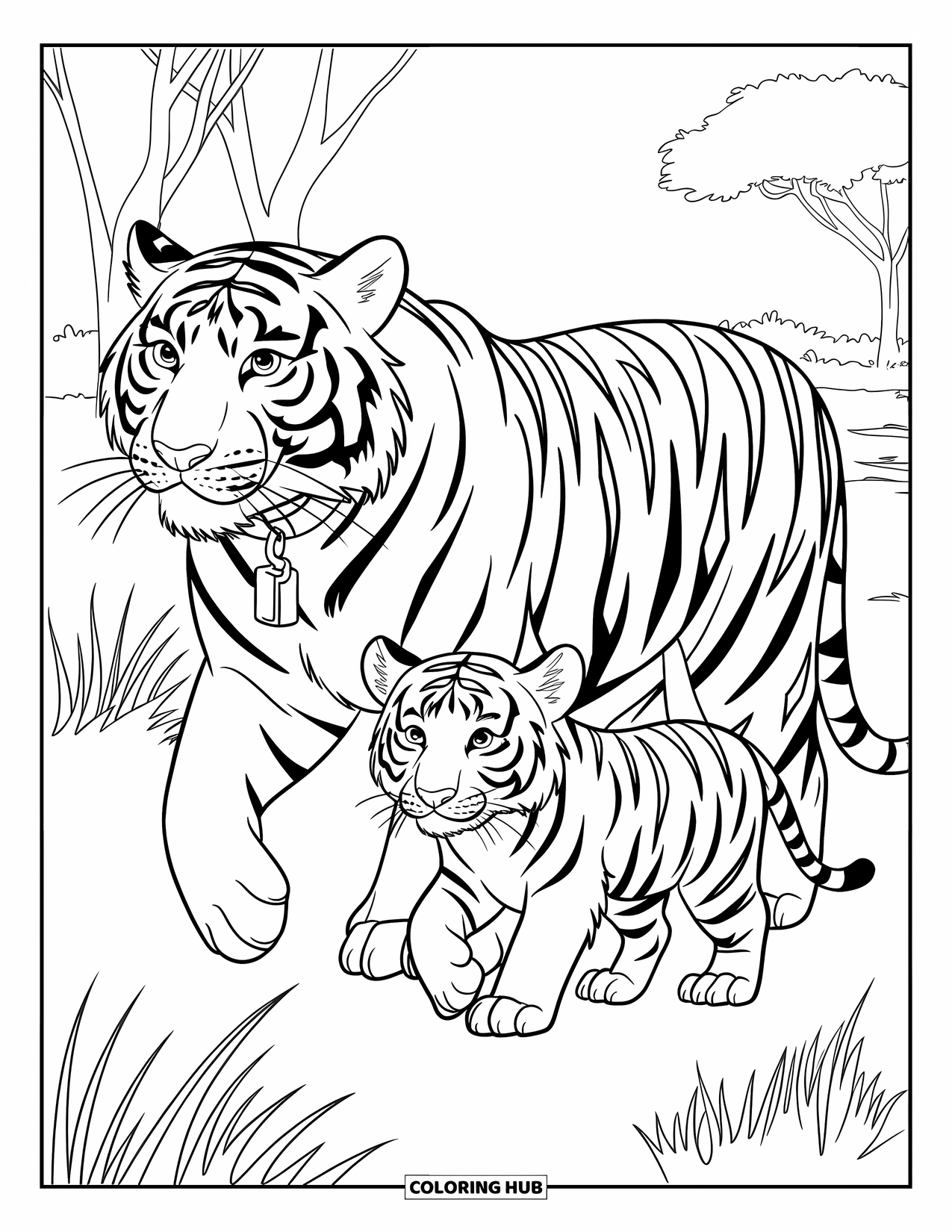 Tiger Ausmalbild für Kinder: Ein Tiger, der sein Junges durch das Grasland führt, wobei ihre Schwänze im Einklang schwingen