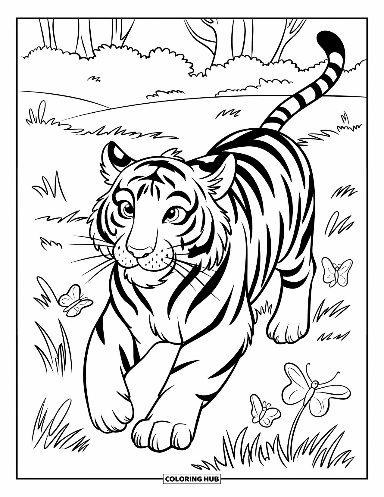Tiger Ausmalbild für Kinder: Ein Tiger, der freudig durch eine Wiese flitzt, mit Schmetterlingen, die in der Luft herumfliegen