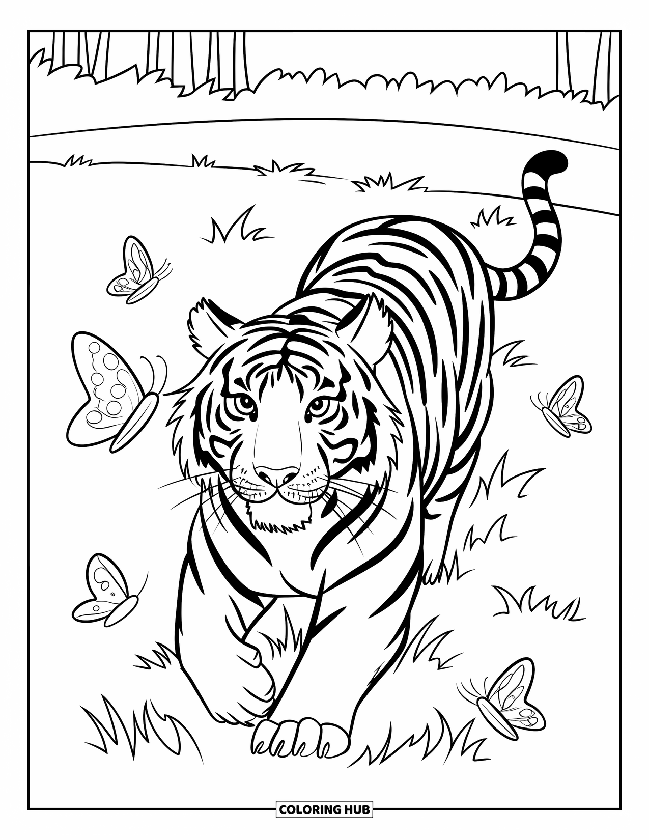 Tiger Ausmalbild für Kinder: Ein Tiger, der durch das Gras springt, umgeben von flatternden Schmetterlingen und sanften Brisen