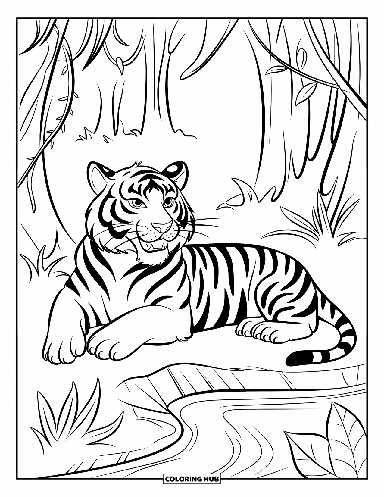 Tiger Ausmalbild für Kinder: Ein Tiger, der in der Nähe eines kleinen Dschungelbachs liegt, umgeben von Bäumen und dicken Lianen