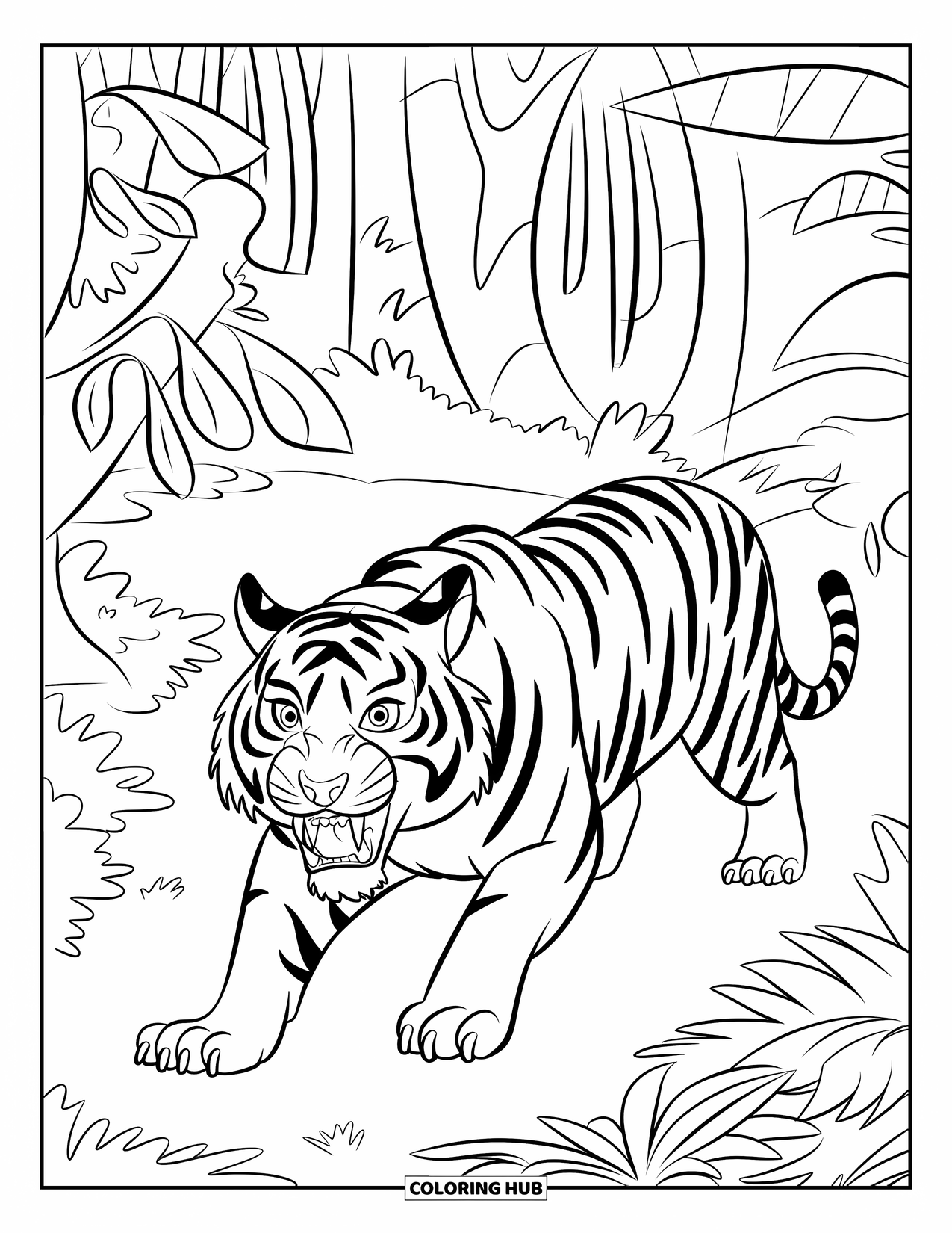 Tiger Ausmalbild für Kinder: Ein Tiger, der sich lautlos durch den Dschungel bewegt, seine Muskeln angespannt für den nächsten Schritt