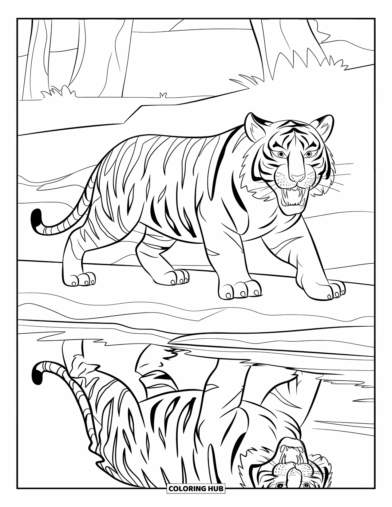 Tiger Ausmalbild für Kinder: Ein Tiger, der an einem Flussufer entlanggeht, seine kraftvolle Form spiegelt sich im fließenden Strom