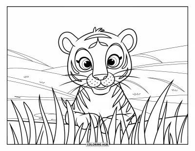 Coloriage de tigres pour enfants : Un tigre regarde entre de hautes herbes, ses grands yeux observant le monde avec curiosité