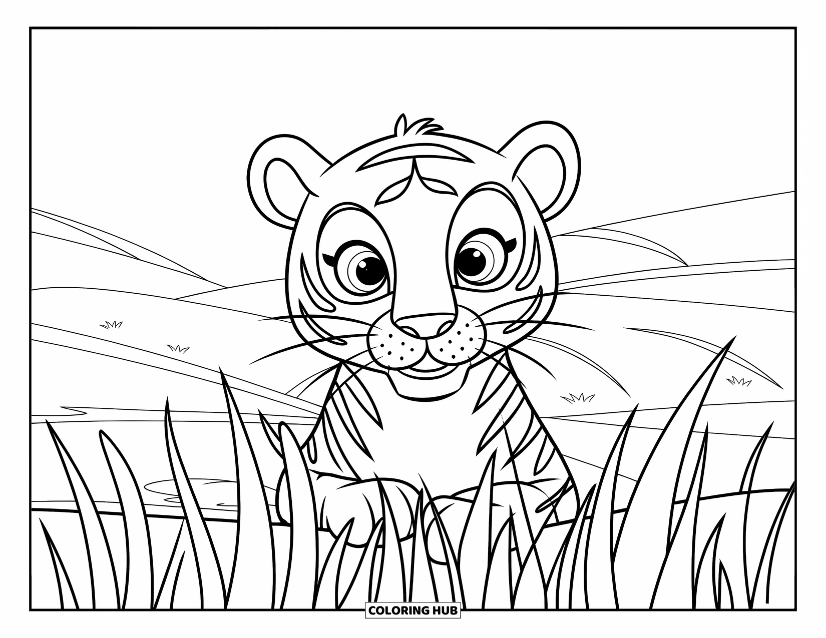 Tiger Ausmalbild für Kinder: Ein Tiger, der aus hohem Gras hervorlugt, seine großen Augen beobachten die Welt mit Neugier