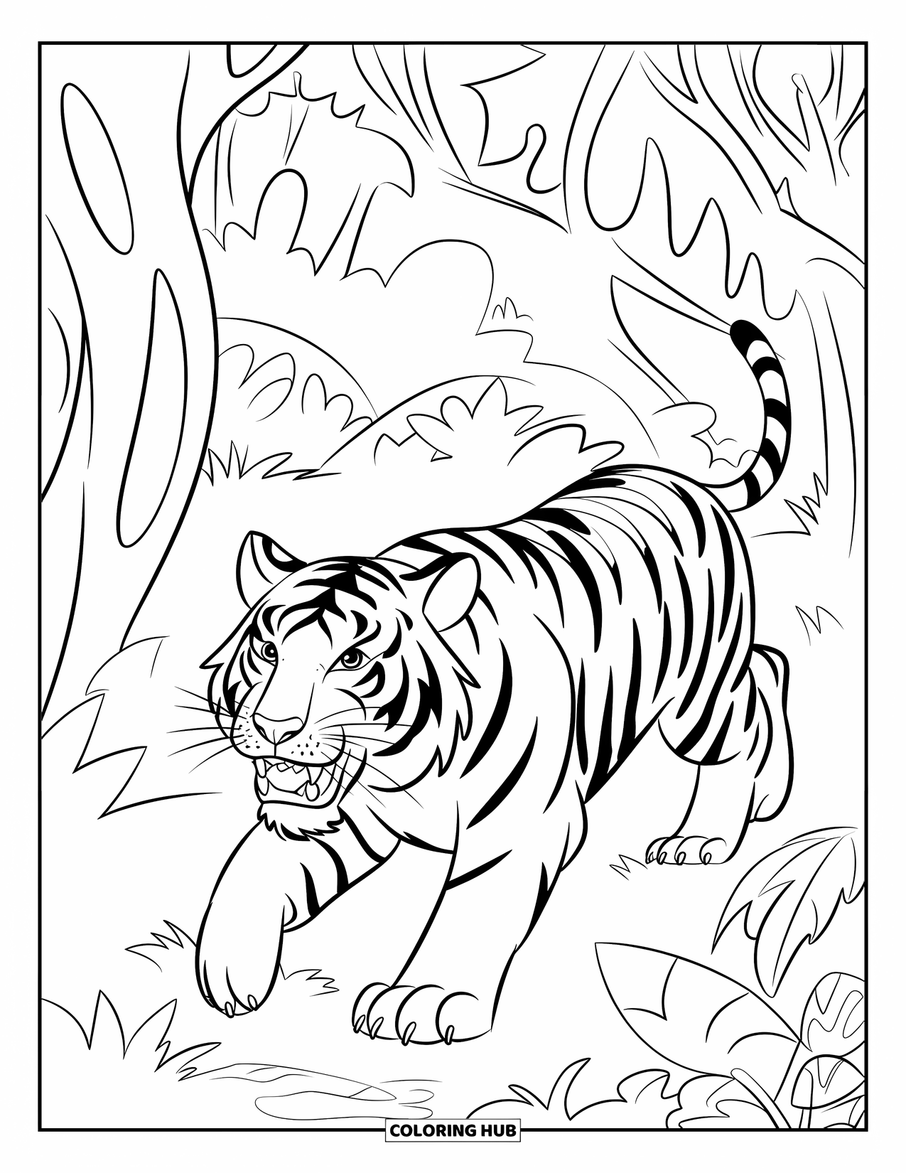 Tiger Ausmalbild für Kinder: Ein Tiger, der durch den Dschungel streift, sein scharfer Blick durchdringt das dichte Laub