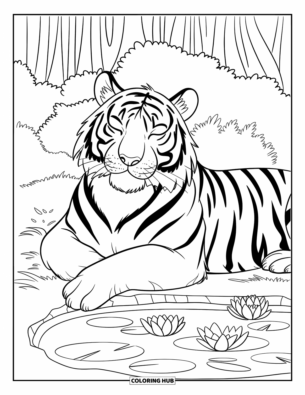 Tiger Ausmalbild für Kinder: Ein Tiger, der in der Nähe eines kleinen Teiches ruht, umgeben von Seerosen und sanften, hügeligen Hügeln