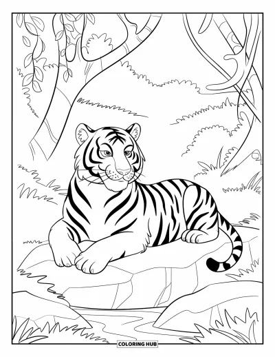 Coloriage de tigres pour enfants : Un tigre se repose sur un rocher près d’un ruisseau, son expression paisible se fondant dans la jungle