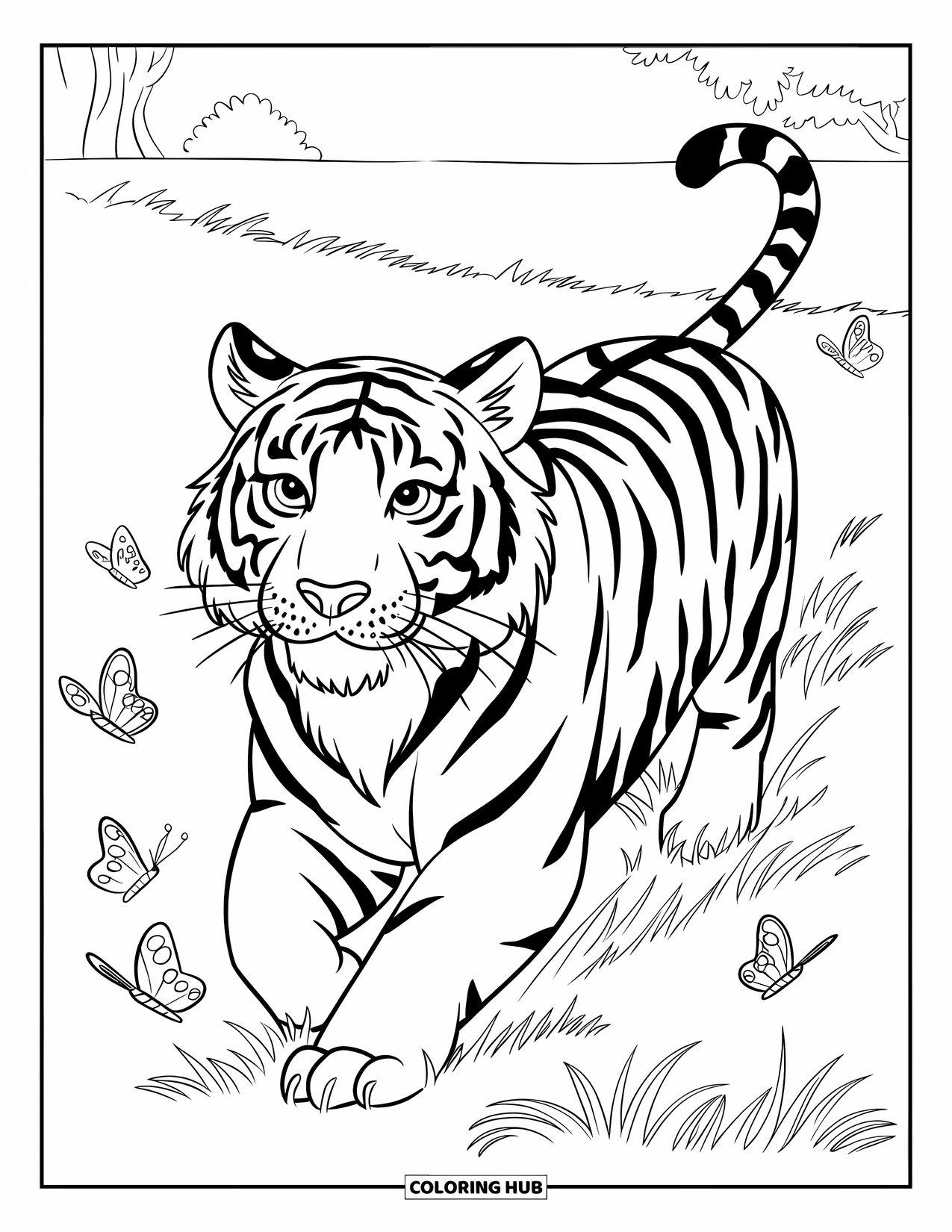 Tiger Ausmalbild für Kinder: Ein Tiger, der über ein grasbewachsenes Feld rennt, verspielt umgeben von flatternden Schmetterlingen