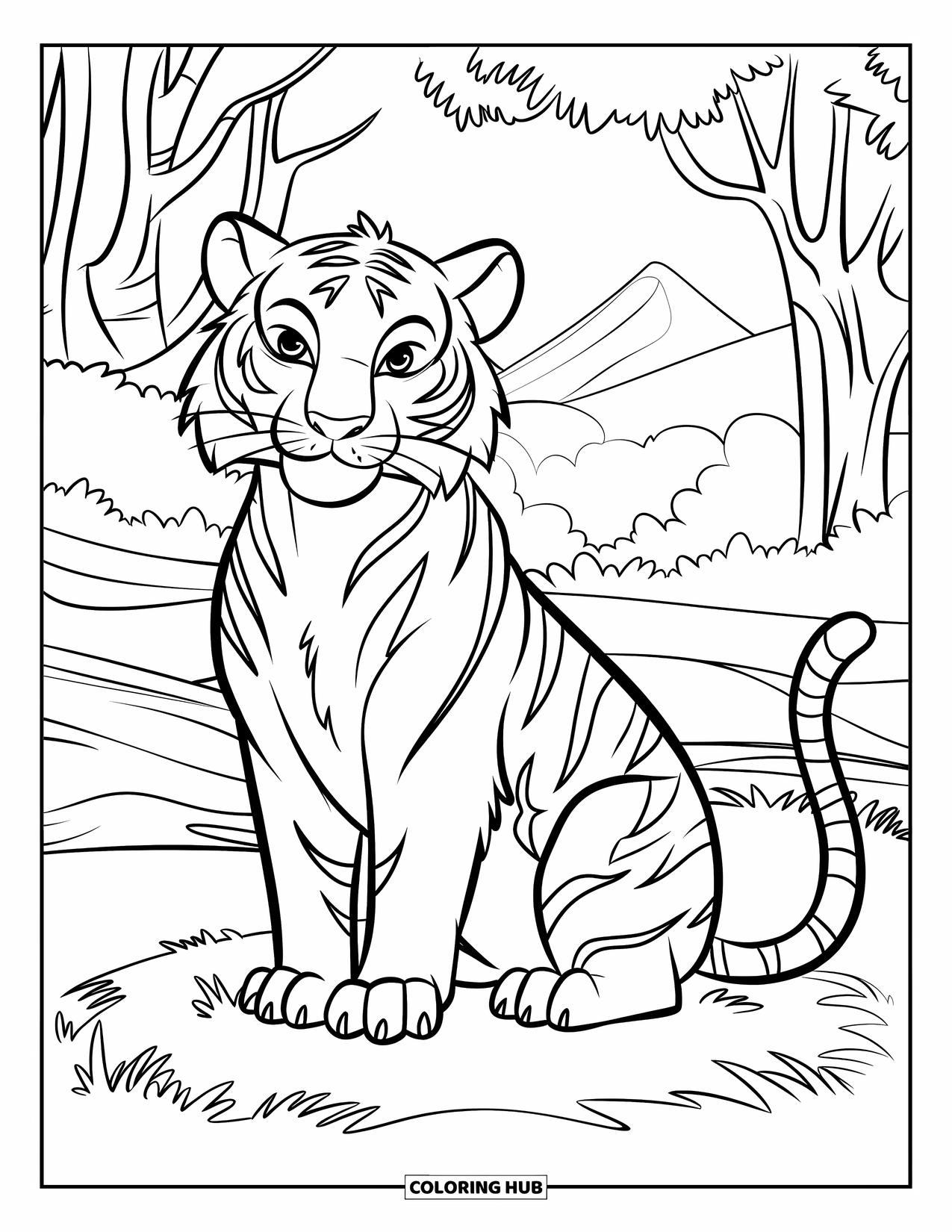 Tiger Ausmalbild für Kinder: Ein Tiger, der in einem friedlichen Wald sitzt, umgeben von hohen Bäumen und weichem, rollendem Gras