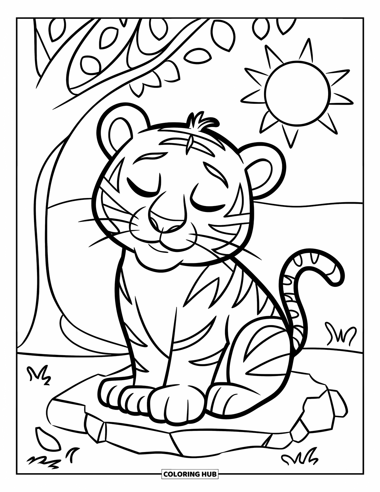 Tiger Ausmalbild für Kinder: Ein Tiger, der unter einem Baum sitzt und zufrieden mit einer warmen Sonne im Hintergrund lächelt